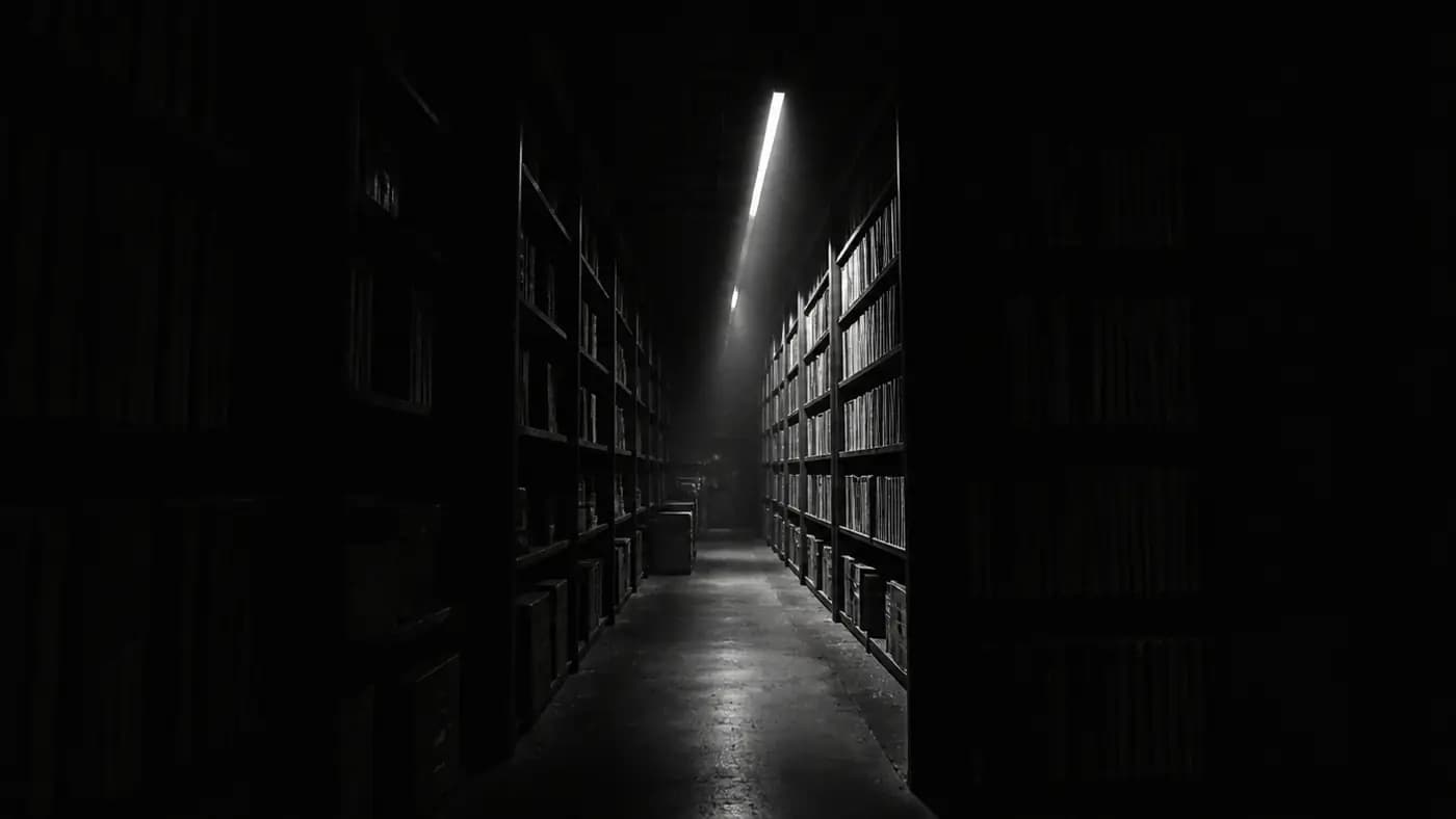 A records archive corridor at night, one strip light over rows of shelving receding into darkness.