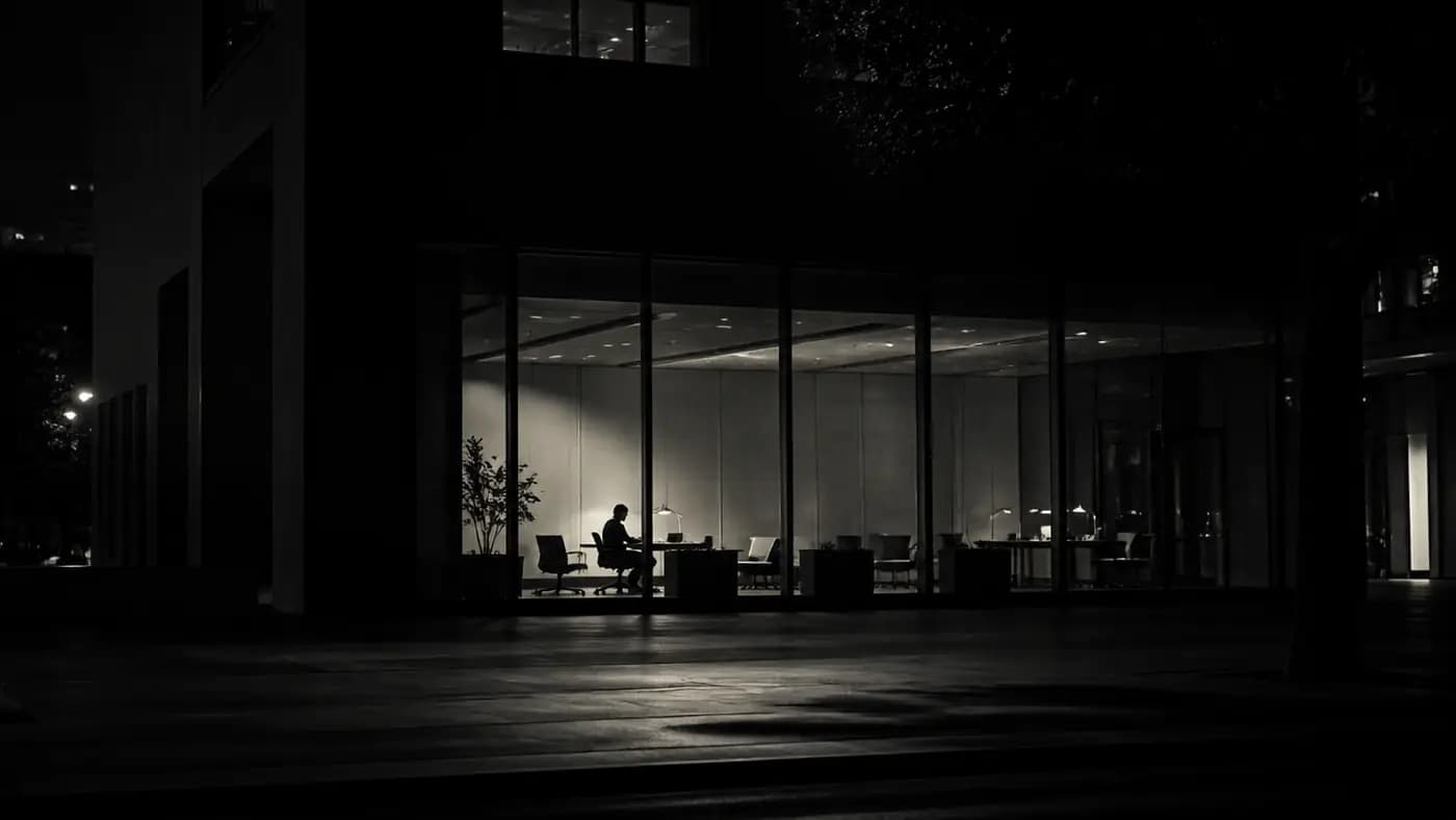 A relocation office seen at night through a glass facade, one person working late at a desk.