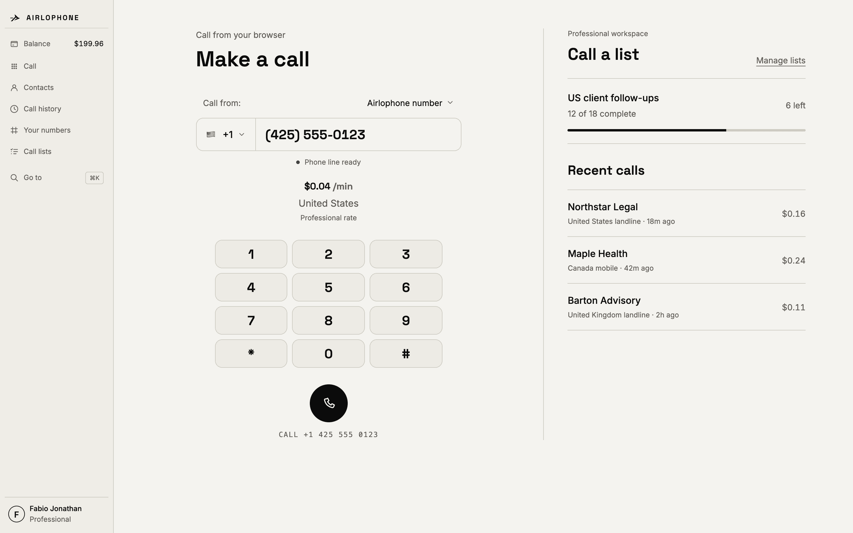 The Airlophone Professional dialer with an active call list, next calls and recent call history.