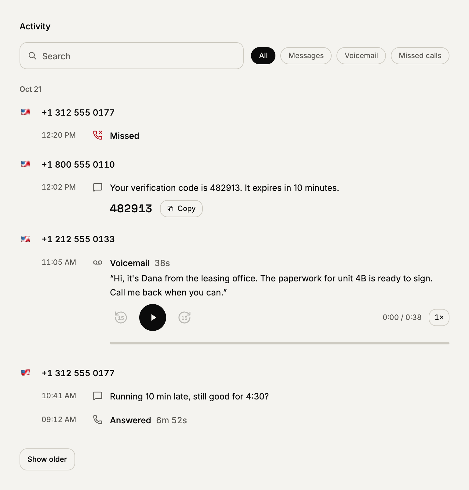 Search every text and voicemail on your numbers